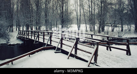 Un pont de bois couvert de neige. L'hiver en Russie. Passage à vide dans le parc. L'hiver en Russie. Neige dans le parc. Un froid jour de neige. De photo. Banque D'Images