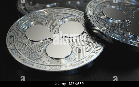 Argent brillant Ondulation (XRP) notion floue dans la pile de pièce close-up shot. Le rendu 3D Banque D'Images