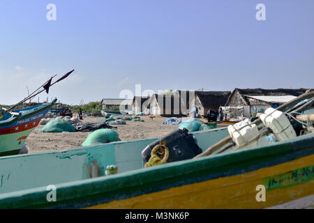 Groupe de bateaux de pêche en stationnement sur mer, dans un village de pêcheurs, Vedaranyam. Banque D'Images
