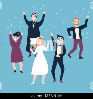 Après la cérémonie de mariage. Mariée, le marié et les invités Illustration de Vecteur