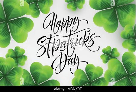 Heureux Saint Patricks Day greeting le lettrage sur fond de feuilles de trèfles. Vector Illustration Illustration de Vecteur