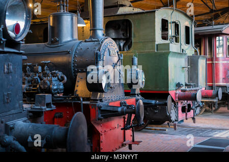 Berlin, Allemagne - Février, 2018 : Vieille locomotives à vapeur au Musée allemand de la technologie (Deutsche Technikmuseum Berlin (DTMB)) Banque D'Images