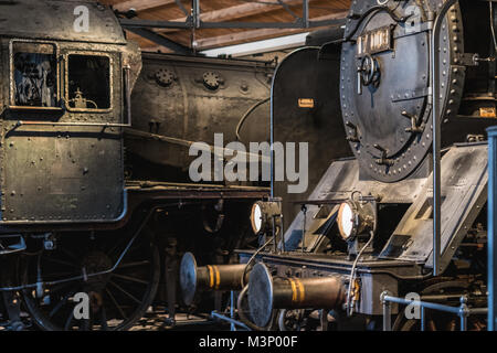 Berlin, Allemagne - Février, 2018 : Vieille locomotives à vapeur au Musée allemand de la technologie (Deutsche Technikmuseum Berlin (DTMB)) Banque D'Images