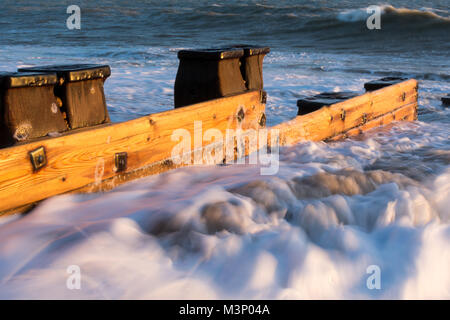 Épi pin richement colorés sur la plage d'hiver avec mer agitée sur journée ensoleillée en Bexhill-on-sea, Angleterre Banque D'Images