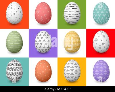 Ensemble de 12 Blanc et coloré de Pâques les œufs décorés de fête avec de simples motifs abstraits et s'épanouit Illustration de Vecteur