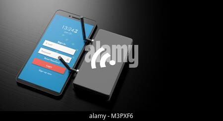 Se connecter avec connexion Wi-Fi au réseau local sur un écran de smartphone et routeur wi-fi sur un fond en bois noir, bannière, copiez l'espace. 3d illustration Banque D'Images