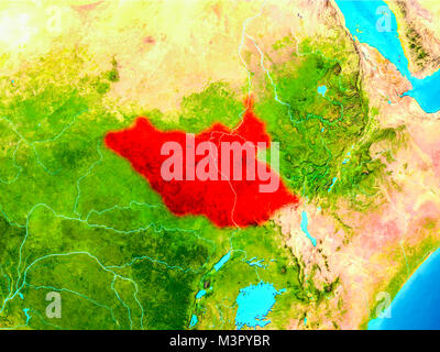 Le Soudan du Sud a mis en évidence en rouge sur la planète Terre. 3D illustration. Éléments de cette image fournie par la NASA. Banque D'Images