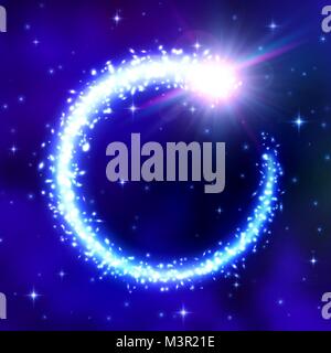 Comète rougeoyant sur trame de fond de l'espace bleu nuit avec ciel nuageux. Flash de lumière, nébuleuse galactique, un scintillement étoile particules. Queue de la comète avec glitter sparkle flare. Vector illustration cosmique. Illustration de Vecteur