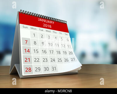 3d illustration de calendrier sur le tableau desktop in office, janvier 2018 page Banque D'Images
