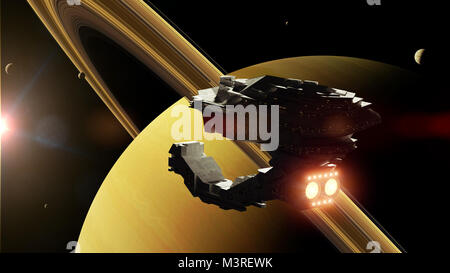 Vaisseau spatial en orbite de la planète Saturne (anneau de science-fiction 3d illustration) Banque D'Images