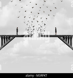 Le divorce et la séparation en tant que couple sur un pont cassé la décoloration s'envoler comme un concept de relation divisée avec 3D illustration éléments. Banque D'Images