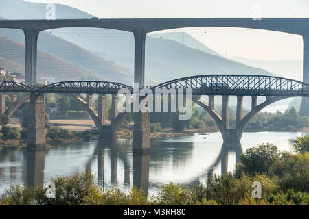Ponts sur le fleuve Douro à Peso da Régua, dans la région viticole du Haut-Douro, Nord du Portugal Banque D'Images