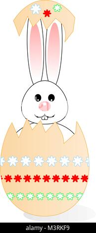 Lapin de Pâques rose blanche avec les oreilles et le nez dans l', peint avec des fleurs colorées dans les chaînes de lumière bleu, vert et rouge. Illustration de Vecteur