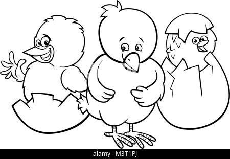 Cartoon noir et blanc Illustration de petits poulets Oeufs à couver à partir de caractères Coloring Book Illustration de Vecteur