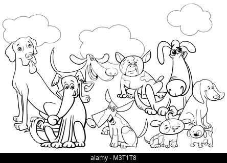 Illustration Cartoon noir et blanc de Funny Dog Animal Groupe Caractères Coloring Book Illustration de Vecteur