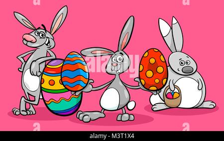 Cartoon Illustration de lapins de Pâques drôles de caractères avec les oeufs colorés Illustration de Vecteur