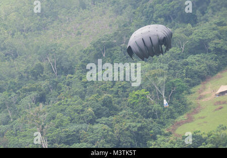 Une palette de chargement est parachutée de l'arrière d'un C-130 Hercules, affecté à la 934e Escadre de transport aérien, sur une zone d'atterrissage situé dans les jungles de Libreville au Gabon, le 18 juin 2016. L'exercice de l'Afrique de l'armée américaine Accord Central 2016 est un annuel, combinés, exercice militaire conjoint qui réunit les nations partenaires pour pratiquer et démontrer sa compétence dans la conduite des opérations de maintien de la paix. (DoD News photo par TSgt Brian Kimball) 160618-F-QP401-021 par DoD Nouvelles Photos Banque D'Images