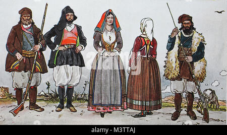 La mode, les vêtements dans l'Italie, l'île de Sardaigne, à partir de 1 800-1 830, de gauche, un agriculteur âgé de Bono, centre de l'île, l'homme et la femme de près de Nuoro, épouse de Ploaghe près de Sassari et un berger de Gallura, au nord de la Sardaigne, l'amélioration numérique reproduction à partir d'un original de l'année 1900 Banque D'Images