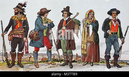 La mode, les vêtements dans l'Italie, le sud de l'Italie, à partir de 1 800-1 830, de gauche, le brigand calabrais, homme de Lecce dans les Pouilles, compatriote de la région de Naples, l'homme et la femme de la province de Cosenza en Calabre, l'amélioration numérique reproduction à partir d'un original de l'année 1900 Banque D'Images