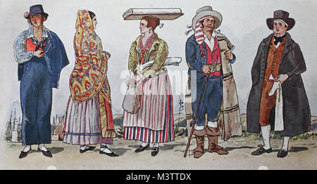 La mode, les vêtements dans l'Italie, l'Italie du Nord vers 1800, à partir de la gauche, des bateliers ou bateliers en costume de fête, Gênes, femme habillé parmi le peuple, part-Weaver de la vallée Bisagno près de Gênes, mules-pilotes à partir de la vallée Bisagno et négociant avec des bas de coton à partir de Gênes, amélioration numérique reproduction à partir d'un original de l'année 1900 Banque D'Images