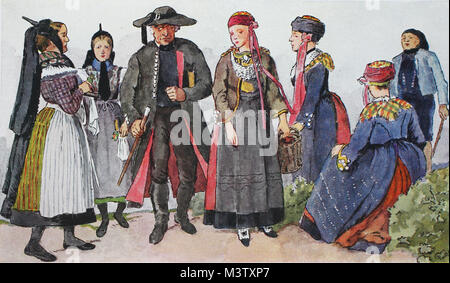 La mode, les vêtements dans l'Allemagne, les costumes de Hanovre autour du 19e siècle, à partir de la gauche, une femme, une fille et un homme portant le costume de Gifhorn, trois femmes en costumes traditionnels de la ème arrondissement, sur la Niederelbe Altes Land et un agriculteur de l'Altes Land, une amélioration numérique reproduction à partir d'un original de l'année 1900 Banque D'Images