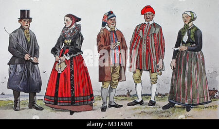 La mode, les vêtements dans le Danemark, les costumes traditionnels dans l'histoire moderne, de gauche, l'homme et de la femme de l'île d'Amager près de Copenhague, l'homme de l'île de Lyoe, entre l'île de Fionie et Alsen, propriétaire de petanque Indonesia - Patriot et femme de l'île de Fionie, amélioration numérique reproduction à partir d'un original de l'année 1900 Banque D'Images