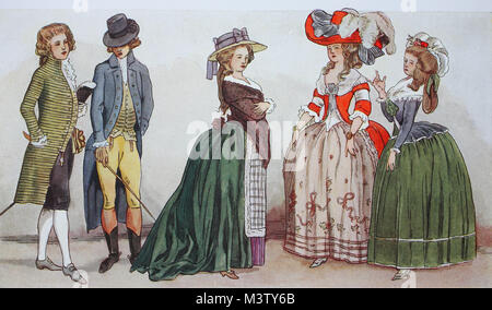 Vêtements de mode, en France, la fin des costumes rococo, de gauche, des costumes à partir de mai 1786, puis un costume d'équitation à partir de juillet 1786, puis le couvercle, à la Lévite, à partir de novembre 1785 et la robe, à la Turque, à partir de janvier 1786, et le Deshabille costume, appelé Pierrot à partir de janvier 1786, l'amélioration numérique reproduction à partir d'un original de l'année 1900 Banque D'Images