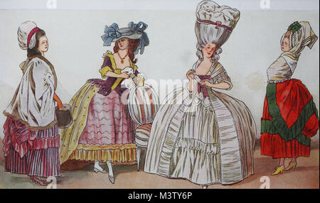 La mode, vêtements en France, fin 1780, autour de rococo de la gauche, dame habillée d'une robe de chambre, une la laitiere - laitière, puis une dame avec un grand chapeau, puis une dame dans un costume de cérémonie avec une grande jupe cerceau, Coiffüre la Montogolfier, l'un s'appelle, en l'honneur du nouveau ballon, et une dame avec le soi-disant Dormeuse, Hood, dormir en fait l'amélioration numérique reproduction à partir d'un original de l'année 1900 Banque D'Images