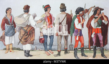 La mode, les vêtements, les costumes traditionnels en Hongrie, à partir de la gauche, une servante de la comté, un Sklowak Pesther , marchand, deux hommes d'une baisse de la Hongrie et de deux gitans dans Madjaric costume, amélioration numérique reproduction à partir d'un original de l'année 1900 Banque D'Images