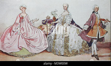 La mode, les vêtements, les costumes traditionnels en France à l'époque de la autour de Rococo 1730-1745, à partir de la gauche, une dame de la soi-disant Contouche de taffetas et de soie, puis le costume de la reine Marie Leszczynska, épouse du roi Louis XV et un professeur de danse, l'amélioration numérique reproduction à partir d'un original de l'année 1900 Banque D'Images