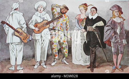 La mode, les vêtements, les costumes en France, autour de 1715, les chiffres d'un compagnon d'armes, Commedia dell Arte, à partir de la gauche, les vêtements du Pullicinello, Pulcinella ou Polichinelle, Arlequin, puis la Dame de Crispin, Crispin ou Crispino et l'indifférent, l'amélioration numérique reproduction à partir d'un original de l'année 1900 Banque D'Images