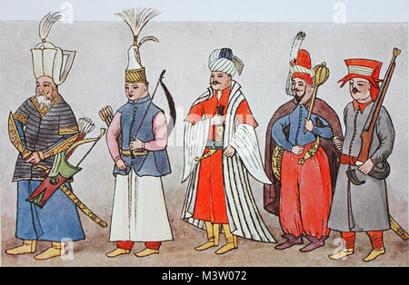 La mode, les vêtements en Turquie au 17ème siècle, des costumes à la cour du sultan, officiers et soldats, de gauche, haut fonctionnaire des archers, archer des janissaires, officier de cavalerie, le Spahi, officier de troupes, un Egyptian-Ottoman des janissaires de la barbarie, de l'amélioration numérique reproduction à partir d'un original de l'année 1900 Banque D'Images