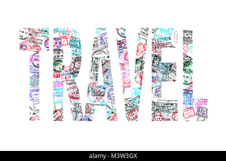 Mot billet créé avec passport stamps sur fond blanc, travel concept Banque D'Images