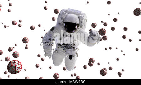 Vol d'astronautes entre objets géométriques abstraits avec fond blanc Banque D'Images