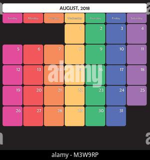 Août 2018 Calendrier Agenda grand espace jour couleur modifiable Illustration de Vecteur