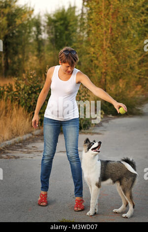 Fille enceinte jouant avec un chien. Chien Husky Yakut pedigree. Banque D'Images