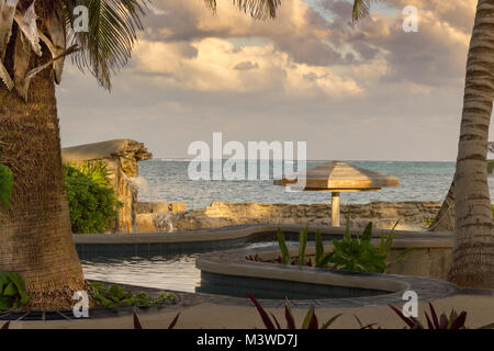 Le scintillement de la mer des Caraïbes définit une magnifique toile de palmiers et de feuillage sur la rive d'Ambergris Caye, Belize. Banque D'Images