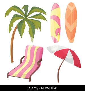 Beach Icon Set - cartoon - chaise longue, palmier, de sélection, d'un parasol - vector Illustration de Vecteur