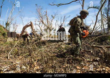 170925-M-CA957-0014 CEIBA, Puerto Rico (sept. 25, 2017) Les Marines américains affectés à l'Équipe de débarquement du bataillon, 2e Bataillon, 6e Régiment de Marines, 26e Marine Expeditionary Unit (MEU), 26 route de conduite des opérations de dégagement de la marine avec des marins et des civils locaux pour aider dans les efforts de secours aux victimes de l'Ouragan Maria à Ceiba, Puerto Rico, 25 septembre 2017. Le ministère de la Défense soutient l'Agence fédérale de gestion des urgences, le principal organisme fédéral, en aidant les personnes touchées par l'Ouragan Maria afin de minimiser la souffrance et est une composante de l'ensemble de l'intervention. Banque D'Images