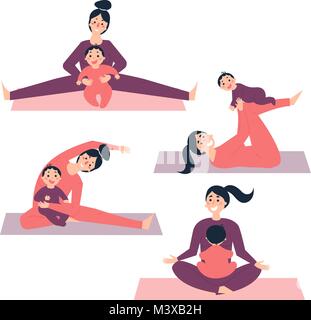 Différents exercices de yoga et de matin avec bébé. Jeune femme avec son enfant est l'étirement et de faire du sport dans la salle de sport ou à la maison, à l'aide de tapis tapis de gymnastique. Illustration de Vecteur