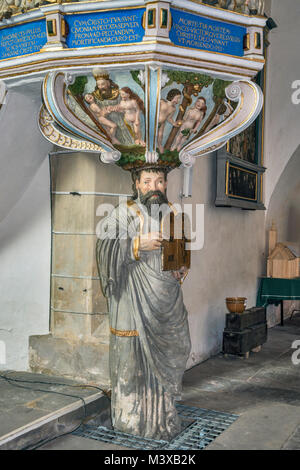 Figure de Moses Horned tenant des tablettes de la Loi (dix commandements), 1608, St Annekirche, Lutherstadt Eisleben, Saxe-Anhalt, Allemagne Banque D'Images