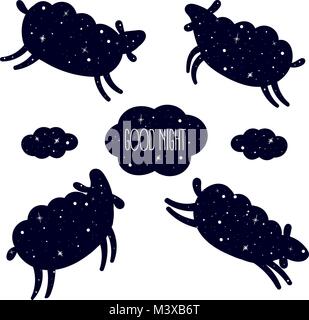 Bonne nuit carte avec le mignon petit mouton sautant par-dessus. Doux rêves arrière-plan. Bonne nuit texte en nuage. Comptez-les et dormir concept. Ciel et étoiles dans th Illustration de Vecteur