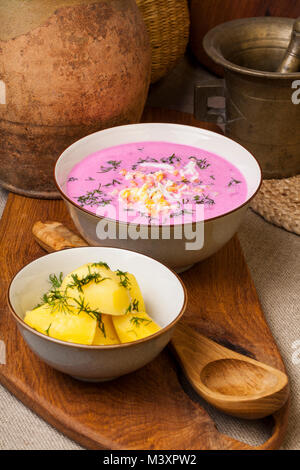 Rose de betterave froide lituanienne traditionnelle soupe, préparé de concombre, beetrot, les œufs et la crème sure, appelé saltibarsciai Banque D'Images