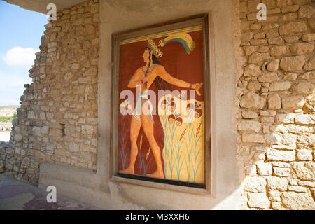Entrée sud, couloir avec la fresque intitulée : de la Lys, palais de Knossos site archéologique, l'île de Crète, Grèce, Europe Banque D'Images