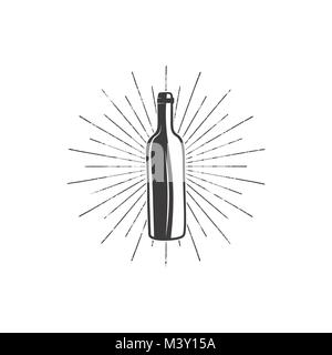 Bouteille de vin noir avec logo sunbursts pour vignobles, la cave d'un insigne, wine club, bar, café ou restaurant. Silhouette vecteur Stock d'icônes, de symboles isolé sur fond blanc Illustration de Vecteur