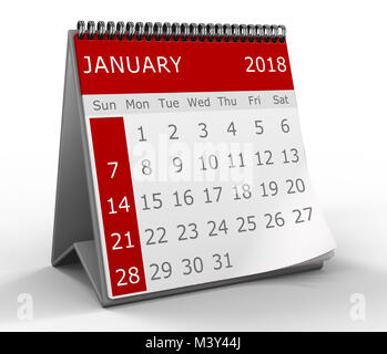 Calendrier 3d illustration sur fond blanc, 2018 janvier page Banque D'Images