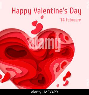 Happy Valentines Day carte de vœux. 3d coeur coupe concept design arrière-plan. Vector illustration. Sculpture papier coeur formes avec l'ombre. Februar Illustration de Vecteur