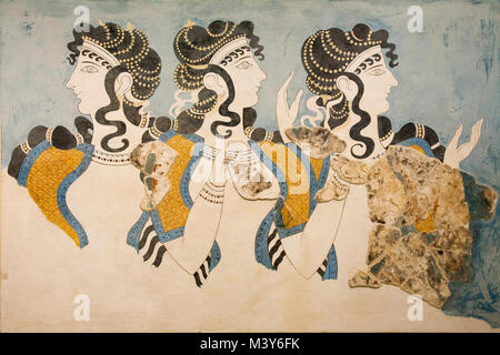 Fresque des Dames en bleu (1600-1450 avant J.-C.) de la palais de Knossos, le Musée Archéologique d'Héraklion Iraklio, île de Crète, Grèce, Europe Banque D'Images