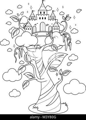 Haricot magique magique et le château. Livre de coloriage noir et blanc la page Illustration de Vecteur