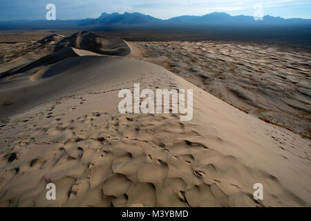 Dunes de Kelso, Californie, USA. 10 fév, 2018. Des pistes d'animaux sillonnent les dunes de sable en début de matinée. Le Kelso dunes de sable couvrent 45 milles carrés et augmenter de 650 pieds au-dessus du sol du désert. Mojave National Preserve a un plus grand champ de dunes de la vallée de la mort et n'a plus d'arbres que Joshua Joshua Tree National Park. Dunes de Kelso, également connu sous le nom de champ de dunes de Kelso, est le plus grand domaine de dépôts de sable éolien dans le désert de Mojave. La région est protégée par le Mojave National Preserve et est situé dans le comté de San Bernardino. Le champ de dunes comprend la migration des dunes, stabilisées par la végétation Banque D'Images